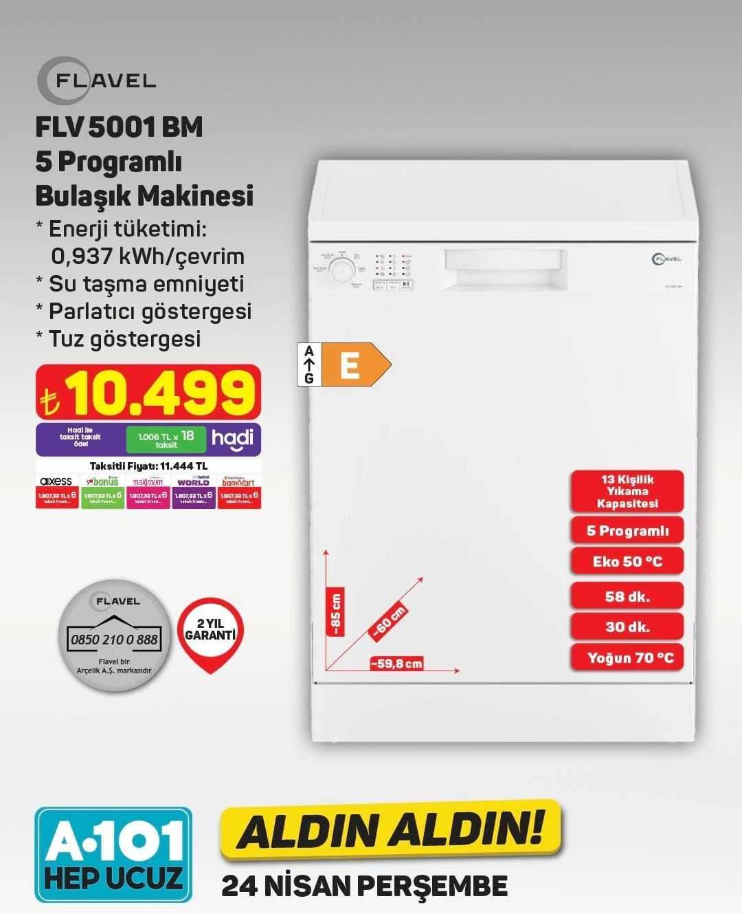A101 24-30 Nisan Aktüel Kataloğu Flavel Bulaşık Makinası