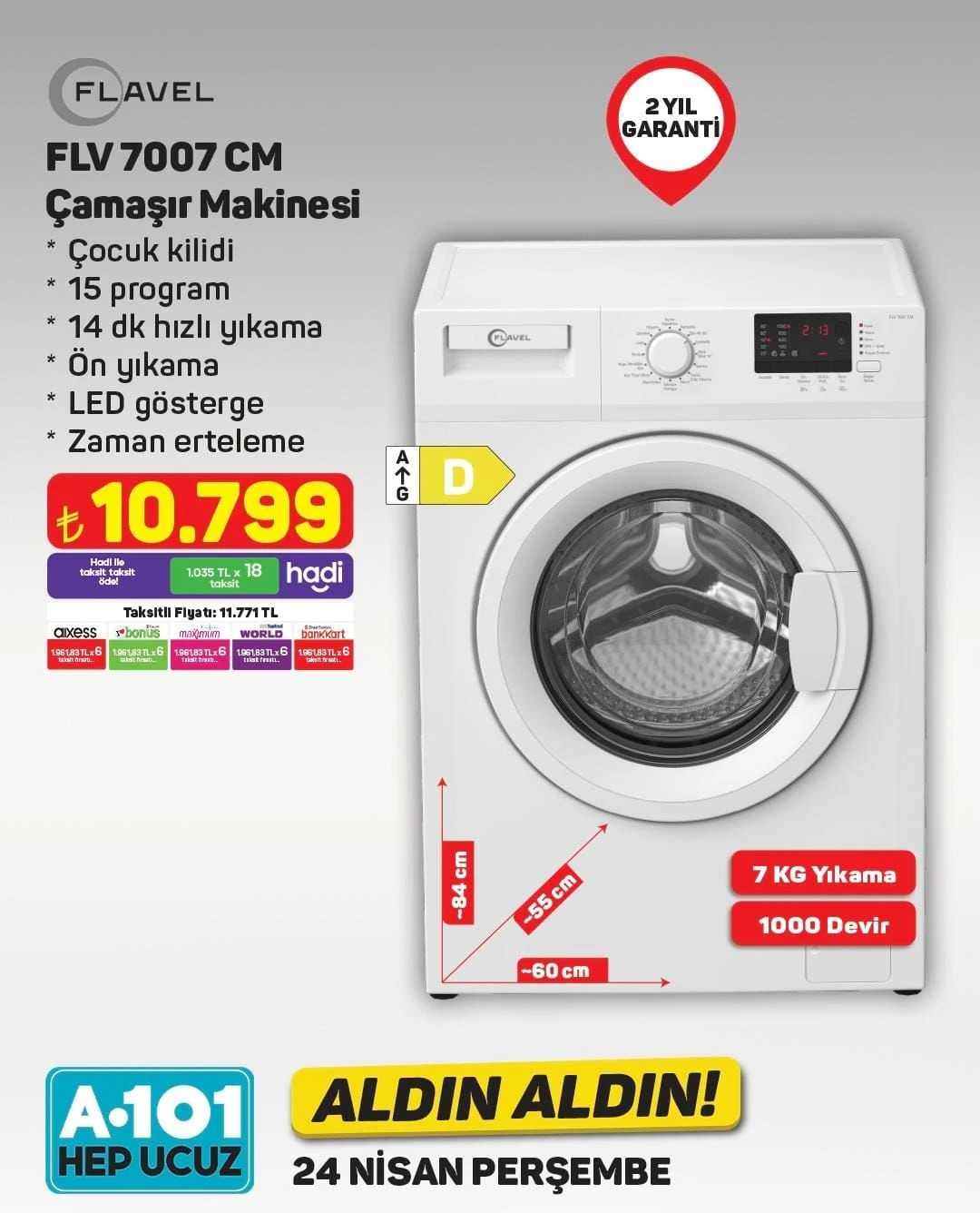A101 24-30 Nisan Aktüel Kataloğu Flavel Çamaşır Makinası