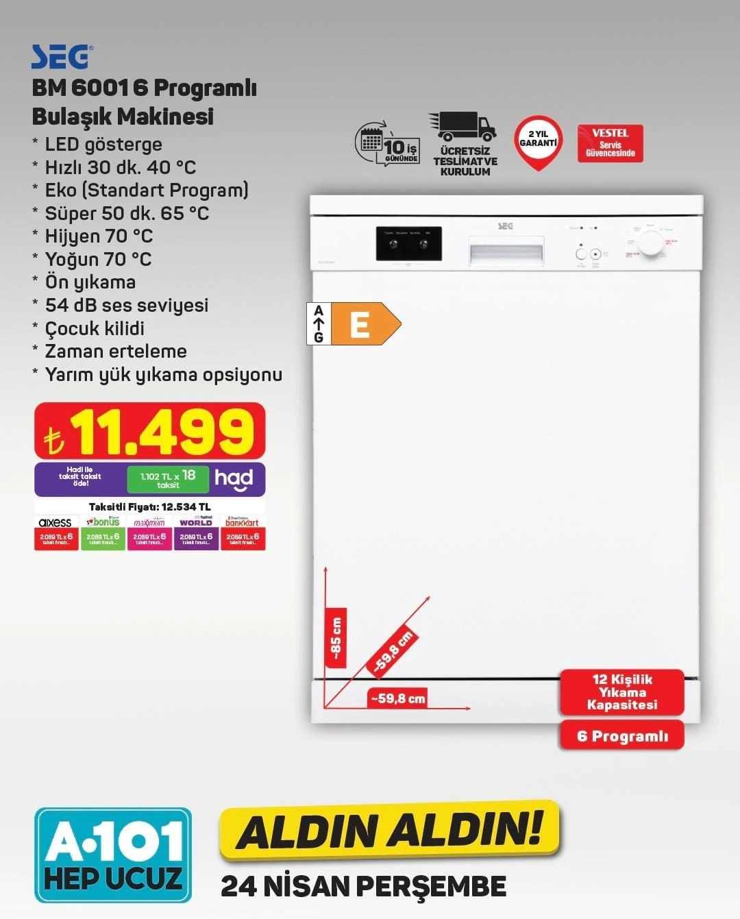 A101 24-30 Nisan Aktüel Kataloğu Seg Bulaşık Makinası