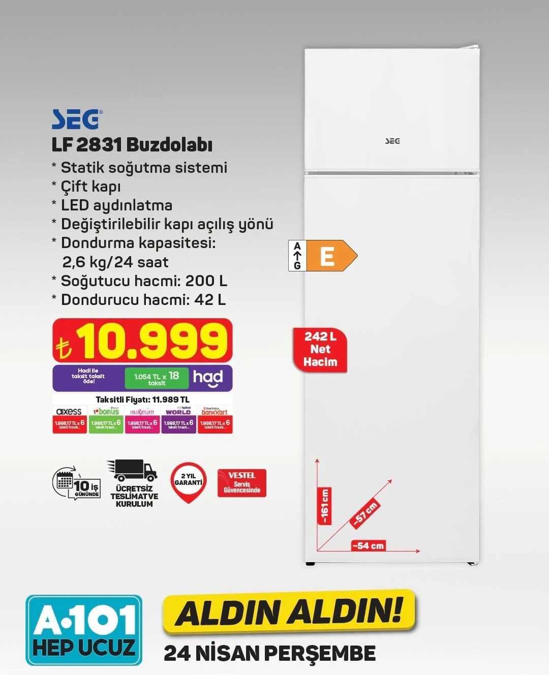 A101 24-30 Nisan Aktüel Kataloğu Seg Buzdolabı