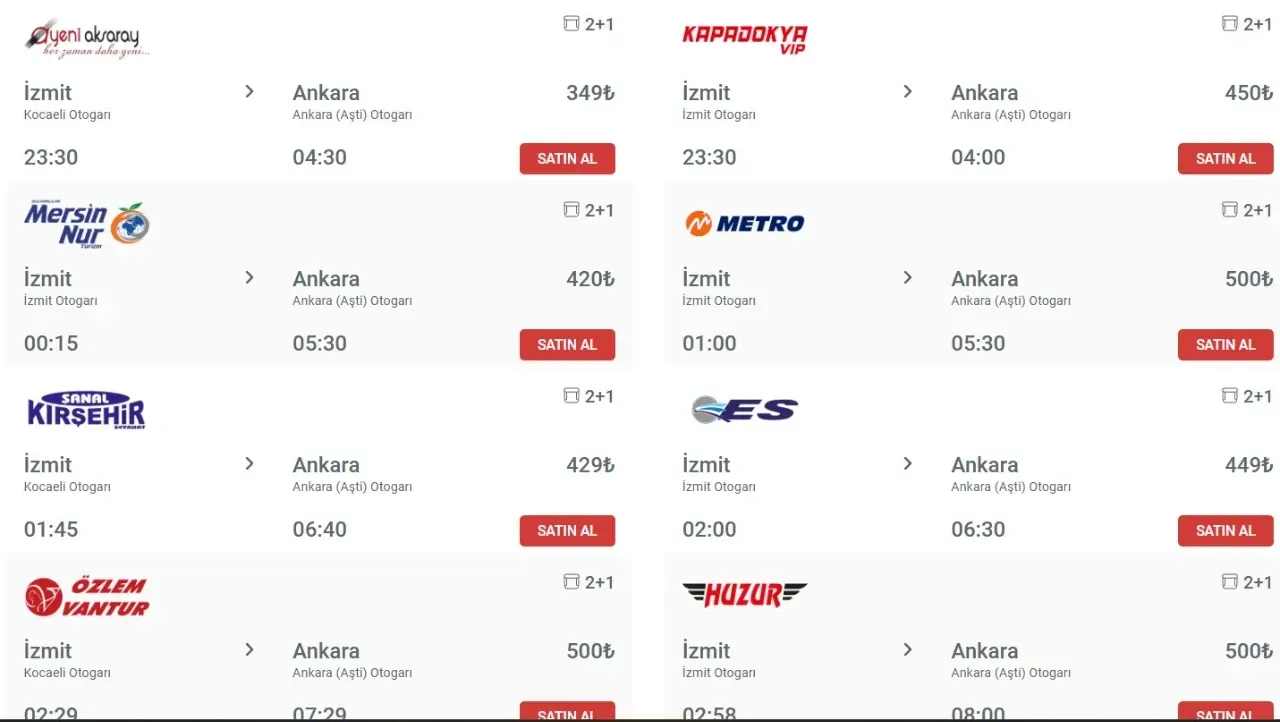 Sabiha Gökçen Havalimanı İzmir Ankara Otobüs Ücreti